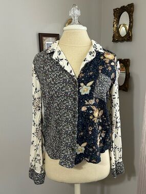 Mystree Mixed Floral Patchwork Button-Front Shirt - Navy, Cream